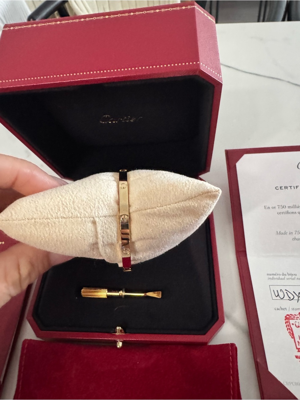 Cartier Gold Bracelet Set with Red Presentation Boxes and Cream Cushion - Picture 8 of 11